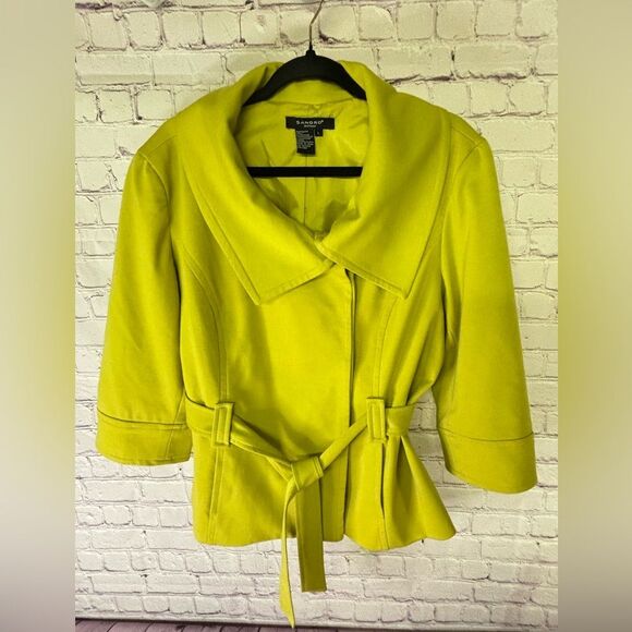 Sandro Sportwear Lime Green 3/4 Sleeve Belted Button Trench coat Jacket Size  L - Picture 1 of 9
